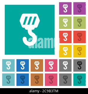 Construction hook multi colored flat icons on plain square backgrounds. Included white and darker icon variations for hover or active effects. Stock Vector
