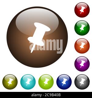 Push pin white icons on round color glass buttons Stock Vector