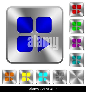Component play engraved icons on rounded square glossy steel buttons Stock Vector