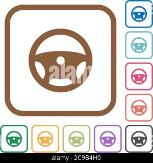 Steering wheel simple icons in color rounded square frames on white background Stock Vector