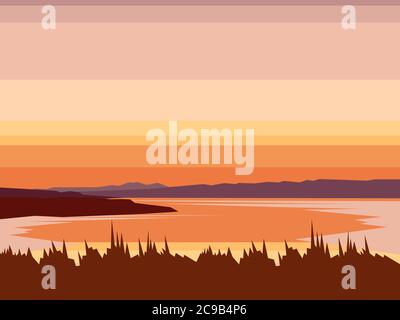 Landscape mountain lake abstract vector. Mountaineering and traveling illustration. Sunset with water, mountains, forest Stock Vector