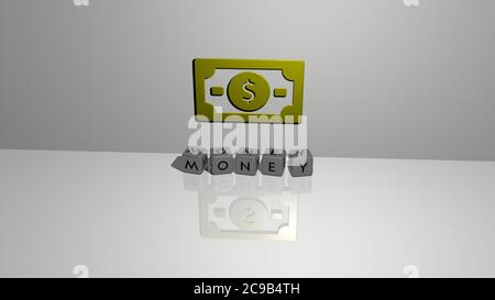 3D graphical image of MONEY vertically along with text built by metallic cubic letters from the top perspective, excellent for the concept presentation and slideshows. illustration and business Stock Photo