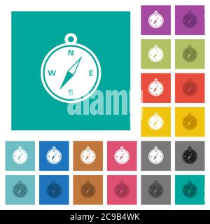Compass multi colored flat icons on plain square backgrounds. Included white and darker icon variations for hover or active effects. Stock Vector