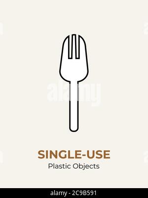 Fork single-use plastic cutlery. Vector illustration set of recycling plastic item. White fork food plastic flat logo for ecological poster, postcard Stock Vector