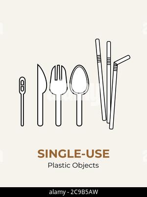 Spoon, fork, knife, stirrer, straws. Single-use plastic cutlery. Vector illustration set of recycling plastic items. Food plastic cutlery flat logo Stock Vector