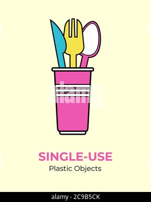 Plastic colored spoon, fork, knife, cup. Single-use pink, yellow, blue plastic cutlery vector illustration set. Stock Vector