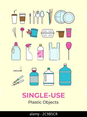 Plastic single-use objects. Vector illustration set of recycling plastic items. Food and household plastic packaging. Stock Vector