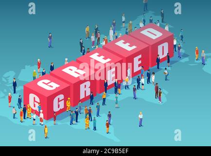 Vector of a crowd of people standing nearby 3d cube blocks building the word greed Stock Vector