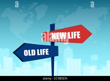 Vector of a signpost with arrows old and new life pointing in two opposite directions on cityscape world map background Stock Vector