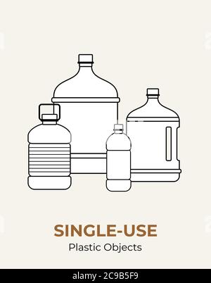 Plastic bottles. Vector illustration of single-use recycling plastic big bottles. Isolated transparent bottle. Flat logo for ecological poster Stock Vector