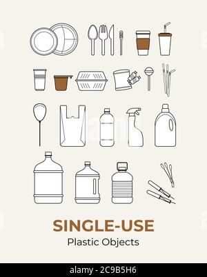Plastic single-use objects. Vector illustration set of recycling plastic items. Food and household plastic packaging flat logo for ecological poster Stock Vector