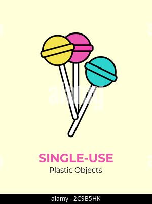 Colorful lollipop with single-use plastic stick. Vector illustration of recycling plastic item. Stock Vector