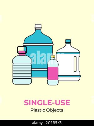 Plastic bottles. Vector illustration of single-use recycling plastic colorful bottles. Isolated transparent bottle. Stock Vector