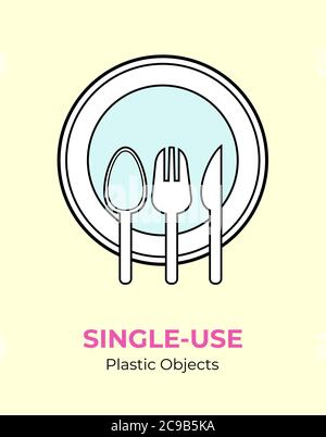 Single-use plastic utensils. Spoon, fork, knife, plate vector illustration set of recycling plastic items. Stock Vector