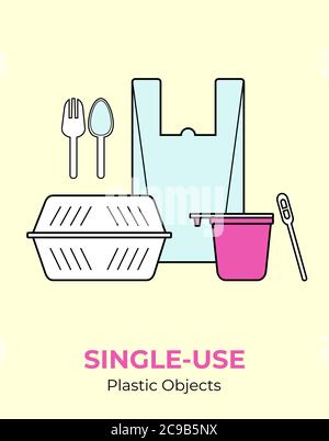 Plastic food container, bag, cup, spoon, fork, stirrer. Single-use white plastic cutlery vector illustration set. Stock Vector
