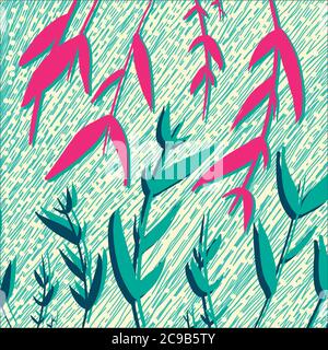 Pink blue flowers grass hand drawn vector yellow background. Tender light vector backdrop flowers banner website poster Stock Vector