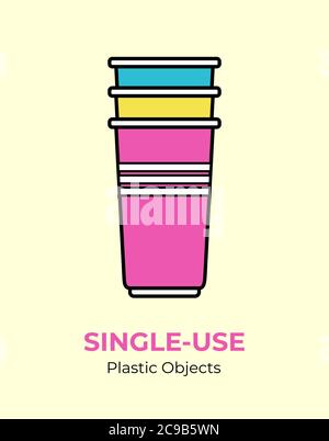 Single-use colored plastic cups. Vector illustration of recycling plastic item. Disposable plastic cup. Stock Vector