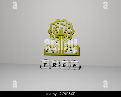 3D graphical image of TREE vertically along with text built by metallic cubic letters from the top perspective, excellent for the concept presentation and slideshows. background and christmas Stock Photo