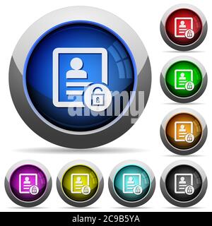 Unlock contact icons in round glossy buttons with steel frames Stock Vector