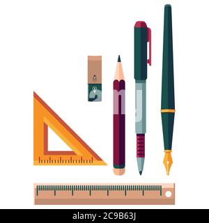 Pen and pencil sticker set on white isolated backdrop. Eraser with ruler for invitation or gift card, notebook, bath tile, scrapbook. Phone case or cl Stock Vector