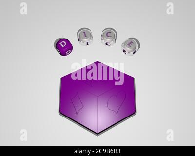 3D graphical image of dice vertically along with text built around the icon by metallic cubic letters from the top perspective, excellent for the concept presentation and slideshows. illustration Stock Photo