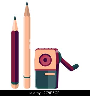 Pencil and sharpener sticker set on white isolated backdrop. Drawing tools for invitation or gift card, notebook, bath tile, scrapbook. Phone case or Stock Vector
