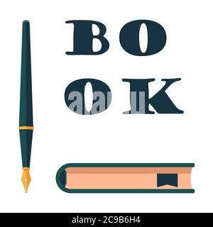 Fointain pen and book sticker set on white isolated backdrop. Stationery for invitation or gift card, notebook, bath tile, scrapbook. Phone case or cl Stock Vector
