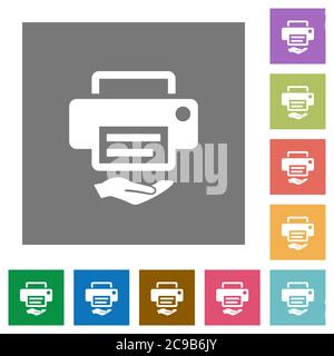 Shared printer flat icons on simple color square backgrounds Stock Vector