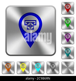 Bank ATM GPS map location engraved icons on rounded square glossy steel buttons Stock Vector