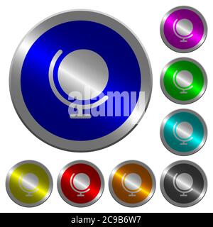 Globe with stand icons on round luminous coin-like color steel buttons Stock Vector