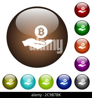 Bitcoin earnings white icons on round color glass buttons Stock Vector