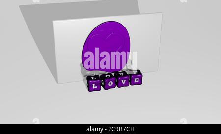 3D illustration of LOVE graphics and text made by metallic dice letters for the related meanings of the concept and presentations. background and heart Stock Photo