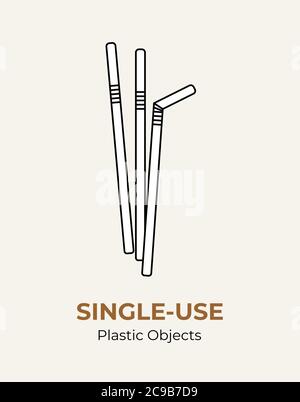 Single-use white plastic straws. Vector illustration recycling plastic item. Disposable plastic straws. Isolated straws flat logo, ecological poster Stock Vector
