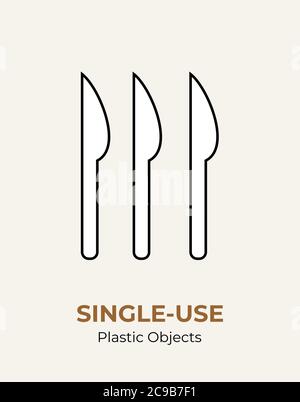 Knife single-use plastic cutlery. Vector illustration set of recycling plastic items. White food plastic knife flat logo for ecological poster Stock Vector