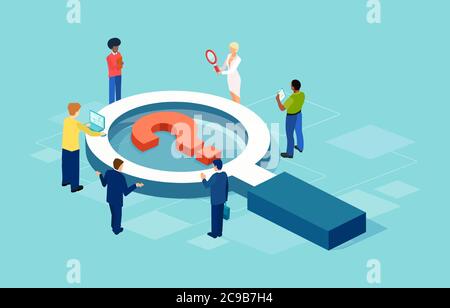 Vector of business people standing around the magnifying glass with question mark Stock Vector