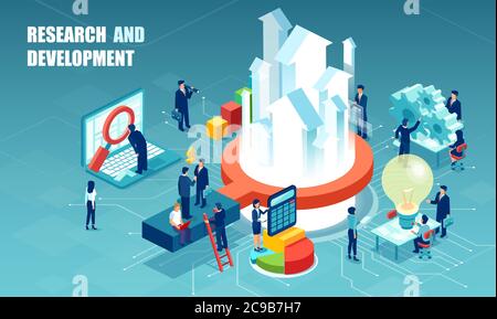 Research and development in business concept. Vector of businesspeople working as a team on market analysis Stock Vector