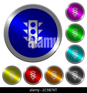 Traffic light icons on round luminous coin-like color steel buttons Stock Vector