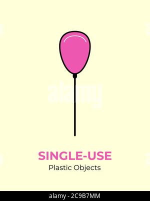 Pink baloon with single-use plastic stick. Vector illustration of recycling plastic item. Pink baloon plastic stick logo Stock Vector