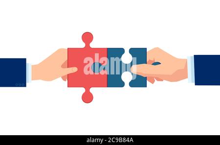 Vector of two men hands putting puzzle pieces together Stock Vector