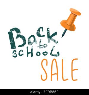 Back to school sale text on white isolated backdrop. Stationery pushpin for invitation or gift card, notebook, promotion, scrapbook. School fair or on Stock Vector