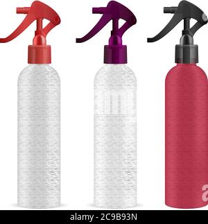 Color sprayer cosmetics bottle set with dispenser spray cap. Isolated container design with pump for liquid, water, oil, tonic and other cosmetic prod Stock Vector