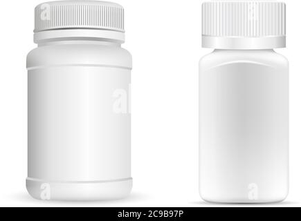 Pills bottles. White round and square medical container for drugs, diet, nutritional supplements. Vector illustration isolated on white background. Stock Vector