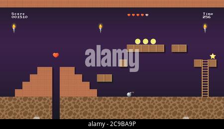 8-bit video game location. Arcade game world. Stock Vector