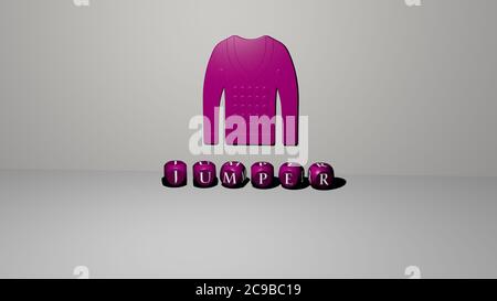 3D representation of jumper with icon on the wall and text arranged by metallic cubic letters on a mirror floor for concept meaning and slideshow presentation. background and illustration Stock Photo