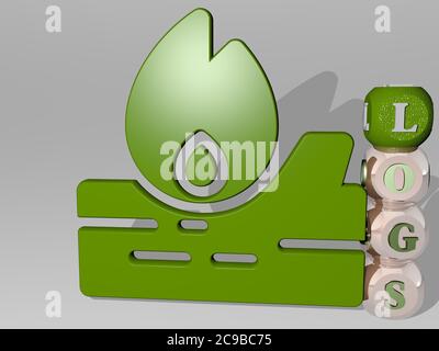 3D illustration of LOGS graphics and text around the icon made by metallic dice letters for the related meanings of the concept and presentations. background and wood Stock Photo