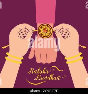 Happy Raksha Bandhan, sister tying rakhi to brother hand greeting poster, card, vector illustration Stock Vector