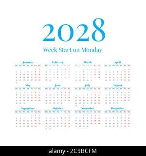 Simple Vector Calendar 2028. Weeks start on Monday Stock Vector Image & Art  - Alamy