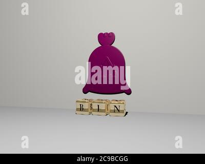 3D illustration of BIN graphics and text made by metallic dice letters for the related meanings of the concept and presentations. garbage and background Stock Photo