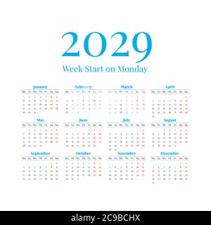 Monthly calendar of year 2029. Week starts on Sunday. Block of months in  two columns and six rows vertical arrangement. Simple thin minimalist  design. Vector illustration Stock Vector Image & Art - Alamy