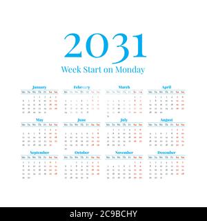 2031 Calendar with the weeks start on Monday Stock Vector